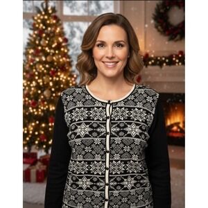 Talbots Womans 1X Black & White Fair Isle Button Cardigan Sweater Holiday Party